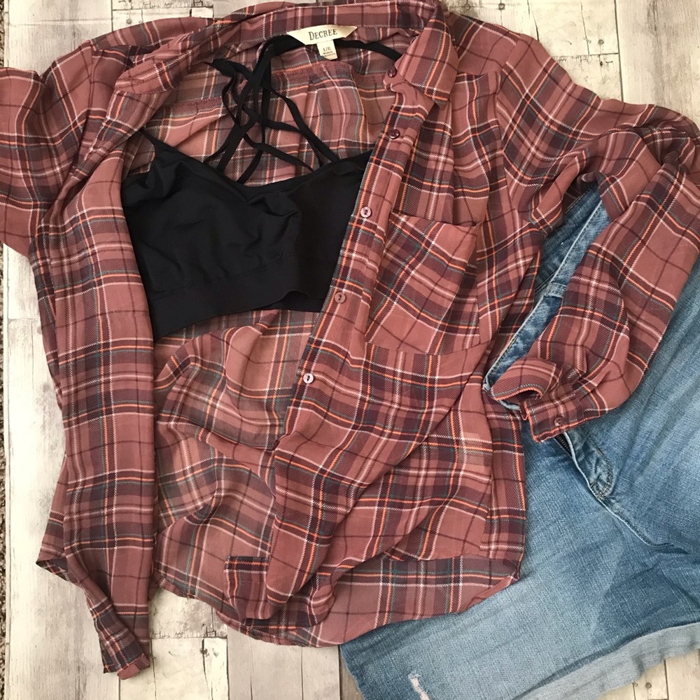 sheer decree plaid top